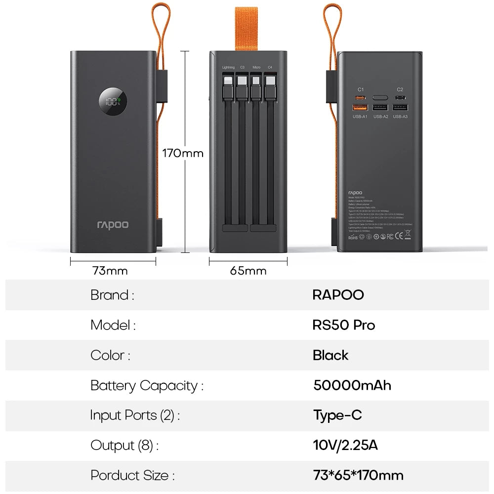 Rapoo RS50 PRO Power Bank With Built in 4 Cable and Flashlight 50000mah